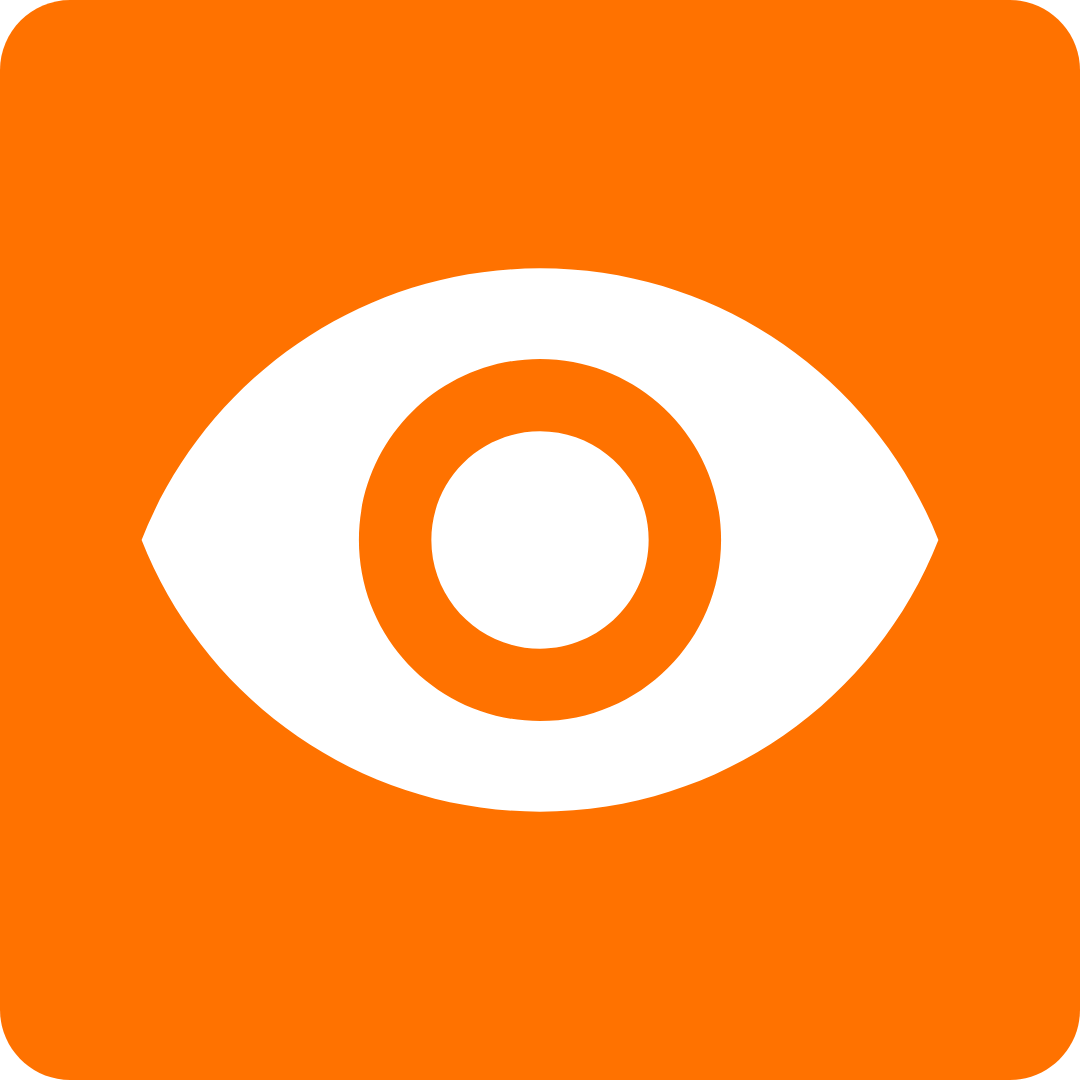 Logo: Ein oranges Quadrat mit einem weißen Auge in der Mitte.